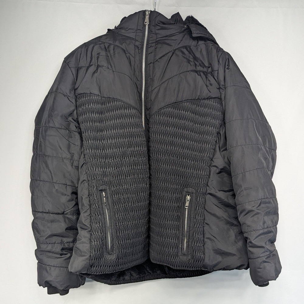 YMI Black Quilted Puffer Coat Faux Fur Lined Hood Full Zip Smocked Waist 3X‎